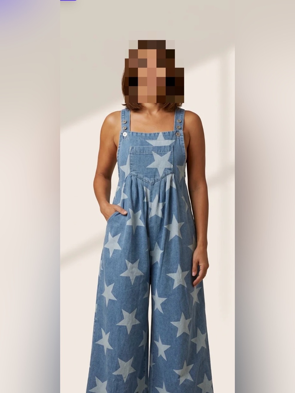 Women's Star Print Buttoned Strap Pleat Wide Leg Denim Overall